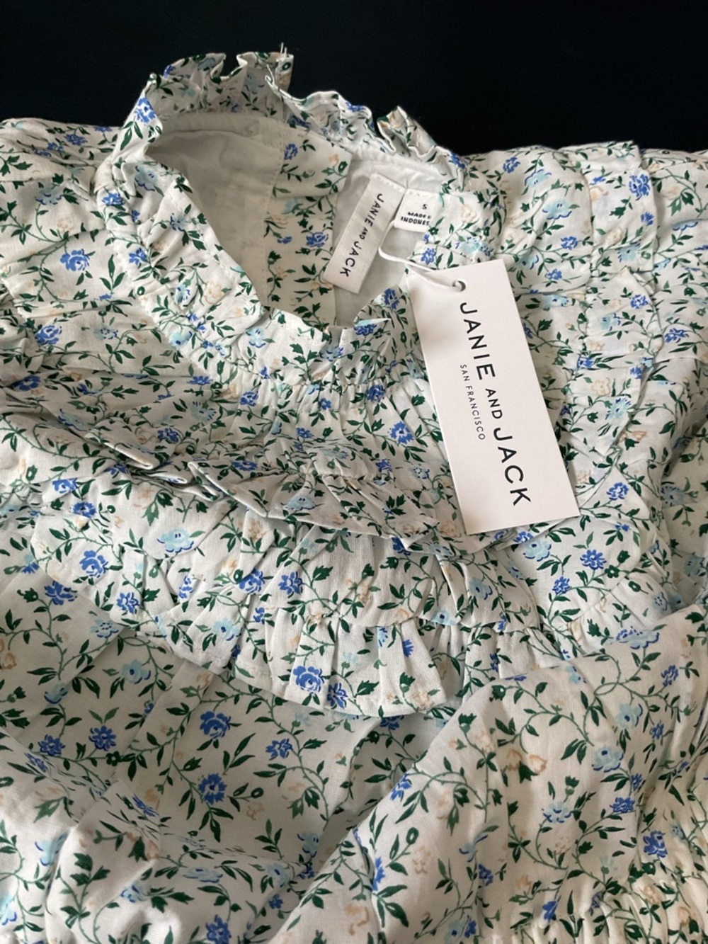Janie and Jack White Floral Smocked Ruffle Dress with Blue and Green Blossoms